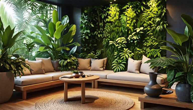 A serene home wellness corner designed with kratom-inspired decor, showcasing a cozy seating area, ambient lighting, a small herbal garden including kratom plants, and a wooden table set with kratom tea.