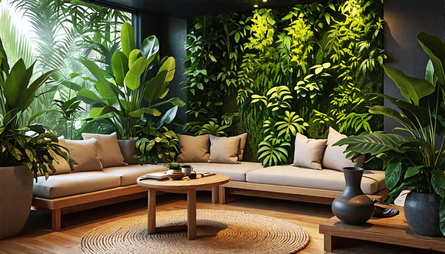 A serene home wellness corner designed with kratom-inspired decor, showcasing a cozy seating area, ambient lighting, a small herbal garden including kratom plants, and a wooden table set with kratom tea.