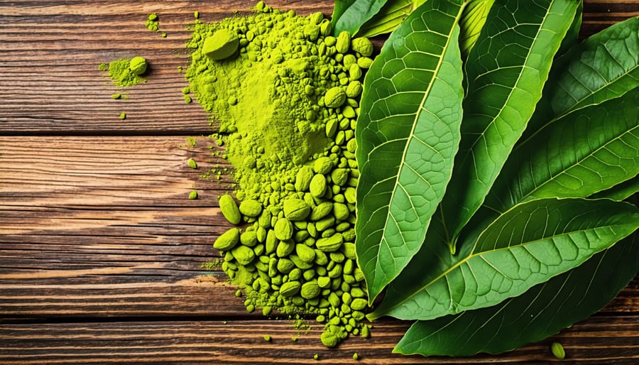 Kratom leaves and powder displayed on a wooden surface to illustrate its natural form