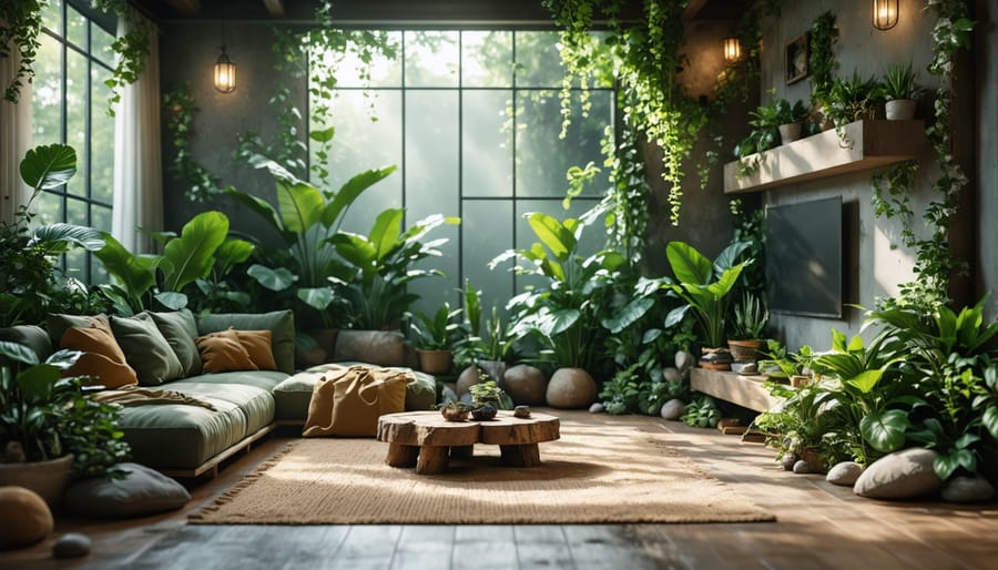 A living room designed with biophilic elements, featuring green plants, wood textures, and large windows letting in natural light