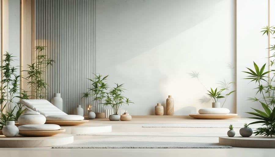 A conceptual illustration showing aromatherapy diffusers and calming lighting inspired by CBD wellness