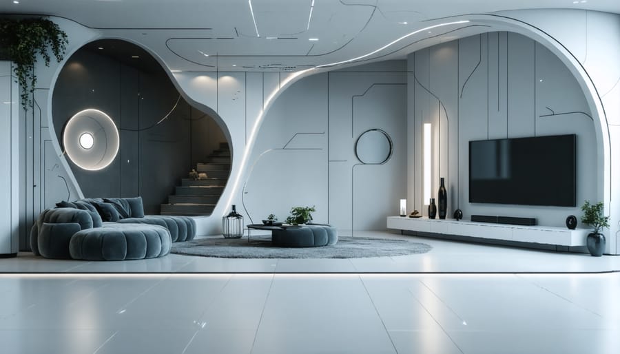 A futuristic home interior showcasing tech-enhanced vape-friendly features like smart home automation and modern decor