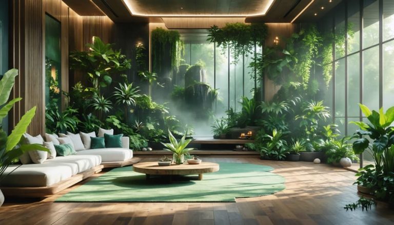 A tranquil living room featuring natural wood textures, green plants, and soft ambient lighting, inspired by the wellness benefits of CBD gummies.