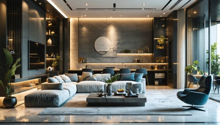 A modern living room designed for a vaping lifestyle, featuring a stylish vaping nook, sleek furniture, integrated air filtration systems, and smart home technology to enhance air quality.