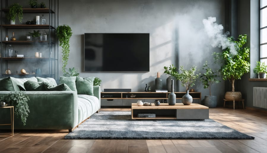 A contemporary living room featuring a designated corner for vaping, with sleek furniture and decor accents