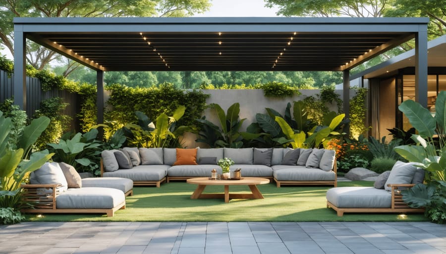 Secluded outdoor living space with privacy screening and comfortable seating