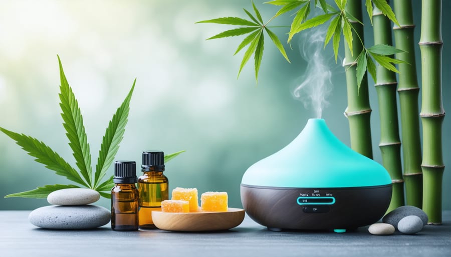 Mindful aromatherapy arrangement with CBD products and natural decorative elements