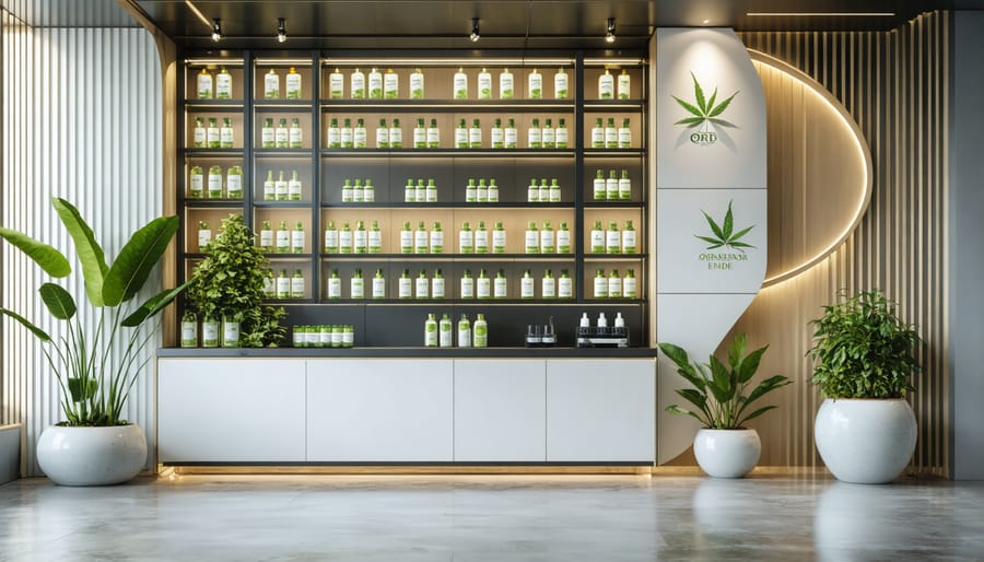 Modern wellness cabinet displaying CBD products and relaxation accessories