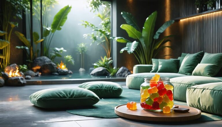 A tranquil home relaxation corner featuring plush cushions, soft ambient lighting, natural plants, and a stylish display of CBD gummies.