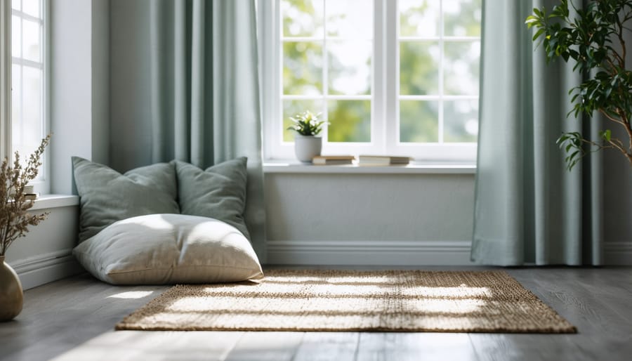Cozy home relaxation corner with plush chair, soft lighting, and natural elements