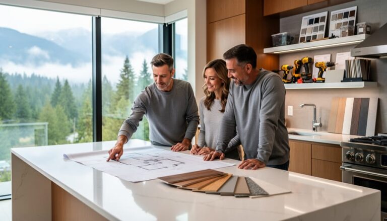 Renovation contractor reviewing architectural drawings and material samples with a couple in a sunlit West Coast modern Vancouver kitchen, with evergreen trees and misty mountains visible through large windows.