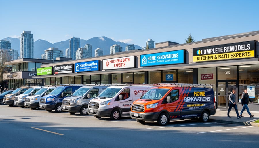 Renovation contractor reviewing marketing materials and online competition at desk