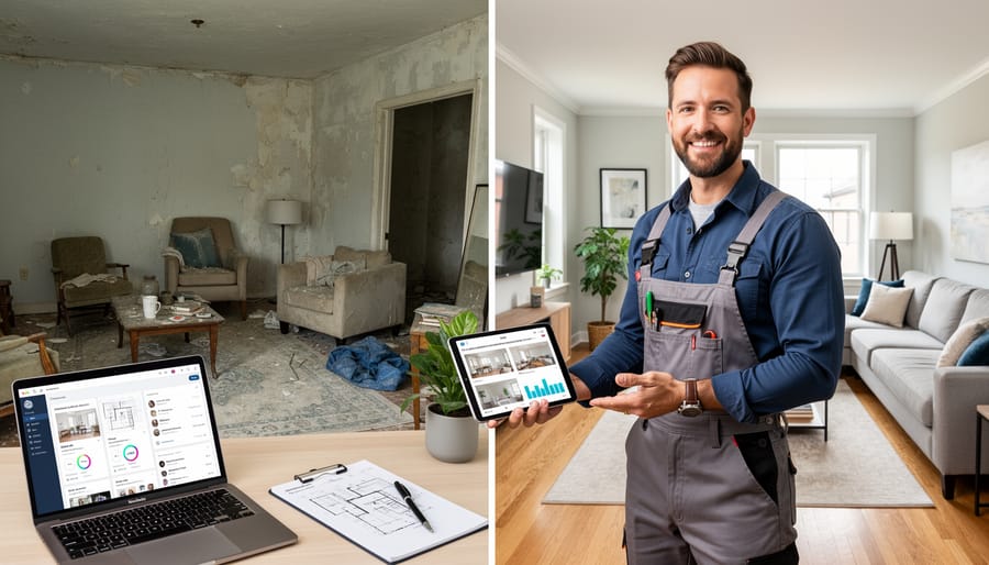 Contractor sharing renovation project photos in completed kitchen space