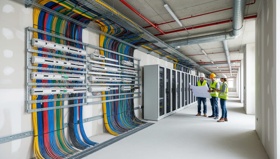 Professional cable management system with concealed wiring in modern office desk setup