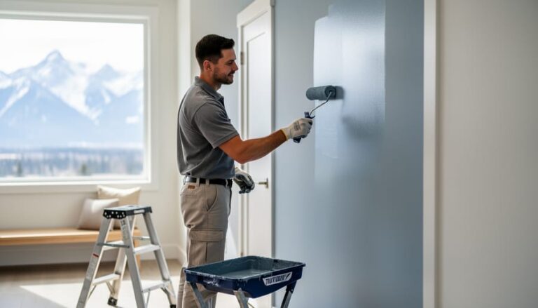 Eye-level medium shot of a professional painter rolling durable blue-gray paint onto an interior accent wall in a modern Calgary home, with soft natural light from a large window, blurred white trim and minimalist furnishings, and distant snow-capped Rockies visible outside.