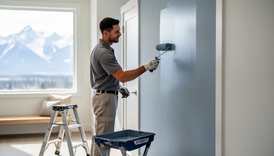 Eye-level medium shot of a professional painter rolling durable blue-gray paint onto an interior accent wall in a modern Calgary home, with soft natural light from a large window, blurred white trim and minimalist furnishings, and distant snow-capped Rockies visible outside.