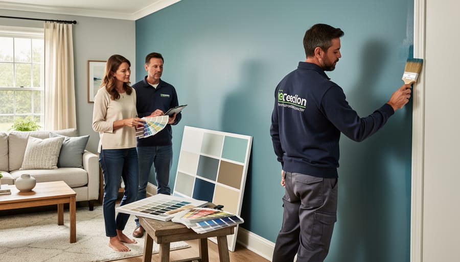Professional painter applying custom blue-gray paint to interior wall with careful brush technique