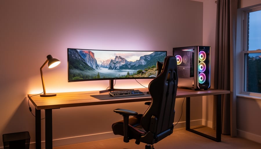 Multiple lighting layers including ambient, task, and accent lighting in modern office space