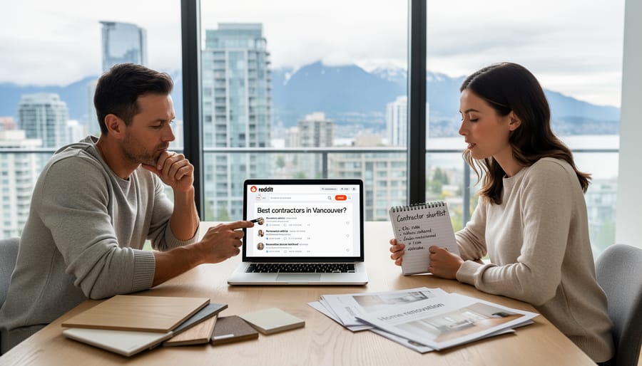 Person browsing Reddit on laptop for home renovation information