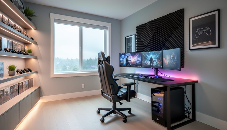 Modern gaming room interior with ergonomic furniture and ambient lighting in Vancouver home