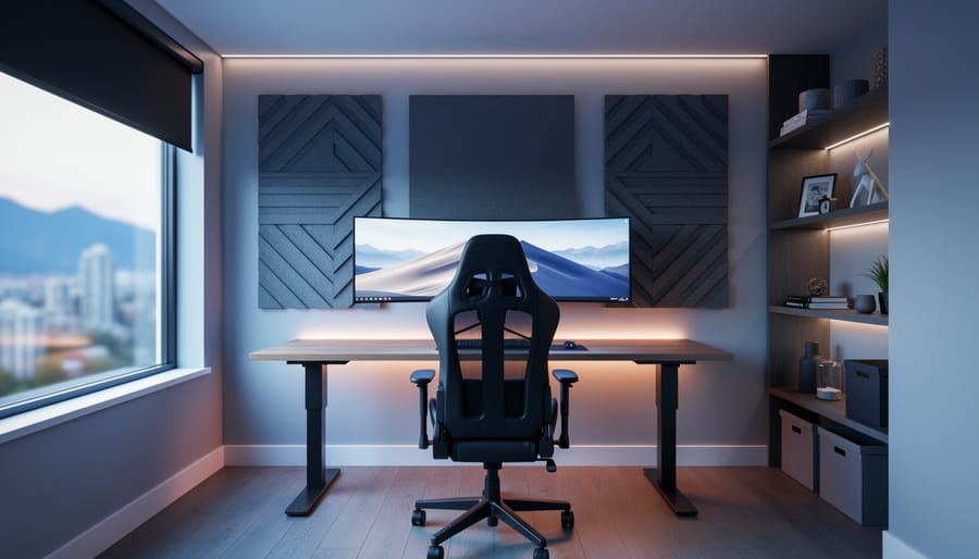 Eye-level wide photo of a modern Vancouver home office styled as a professional gaming room with a sit-stand desk, ultrawide monitor at eye level, ergonomic chair, acoustic wall panels, blackout shades, soft daylight and warm LED accents, tidy shelving, and a blurred skyline beyond the window.