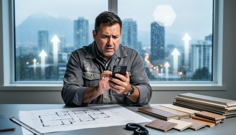 Vancouver renovation contractor in a modern home office looking concerned at a smartphone; desk shows blueprints, wood samples, and measuring tape; rainy city skyline and mountains outside the window with faint abstract upward-arrow bokeh in the background.