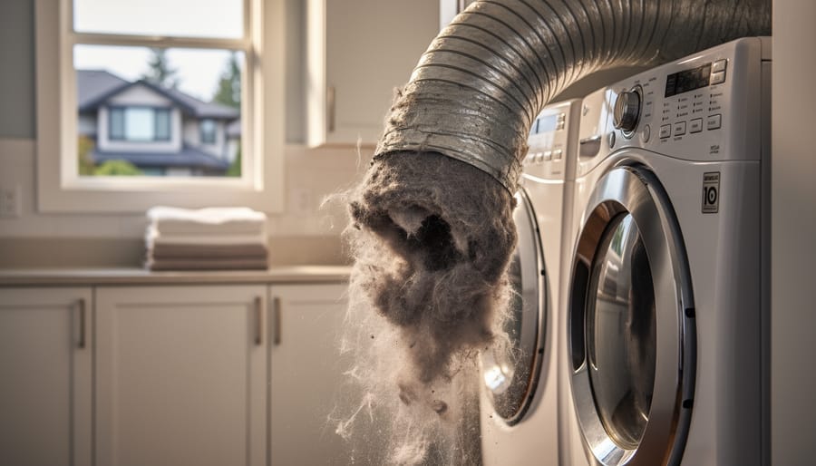 Close-up of thick lint buildup clogging a metal dryer vent duct