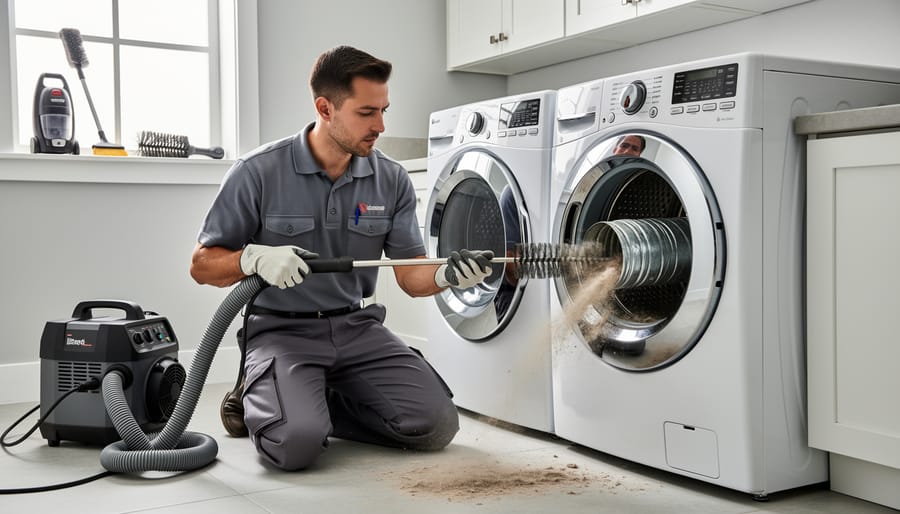 Technician using professional rotating brush to clean inside dryer vent duct