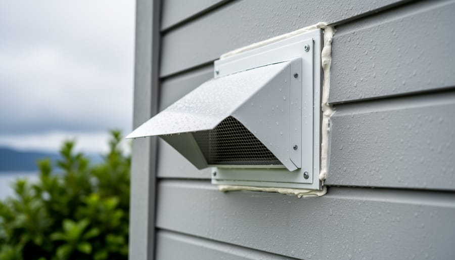 Exterior dryer vent with protective hood installed on Vancouver home siding