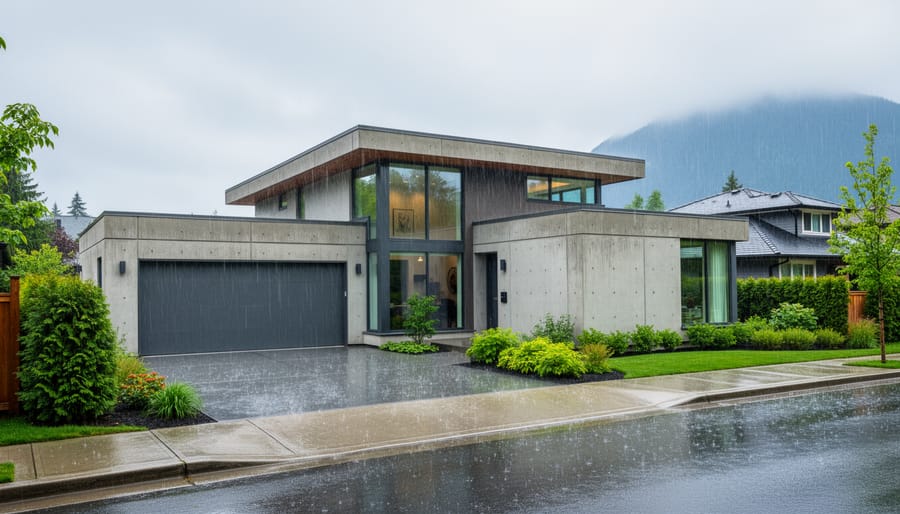 Modern concrete home in heavy rainfall showing water resistance and durability