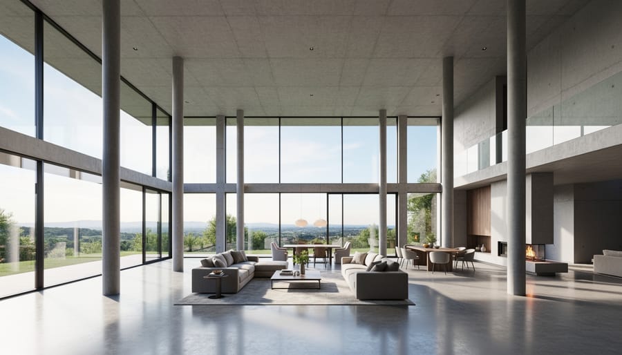 Open-concept living space with high ceilings and large windows in concrete home