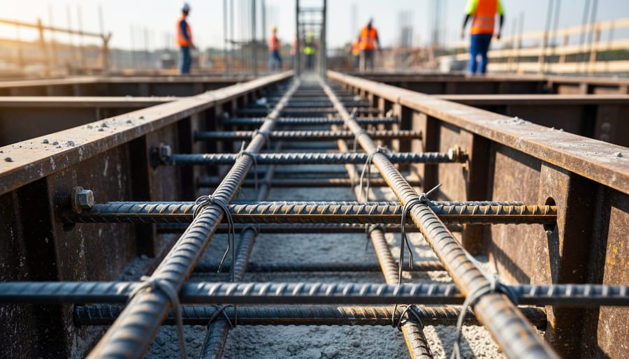 Grid pattern of steel rebar reinforcement bars positioned in concrete formwork at construction site