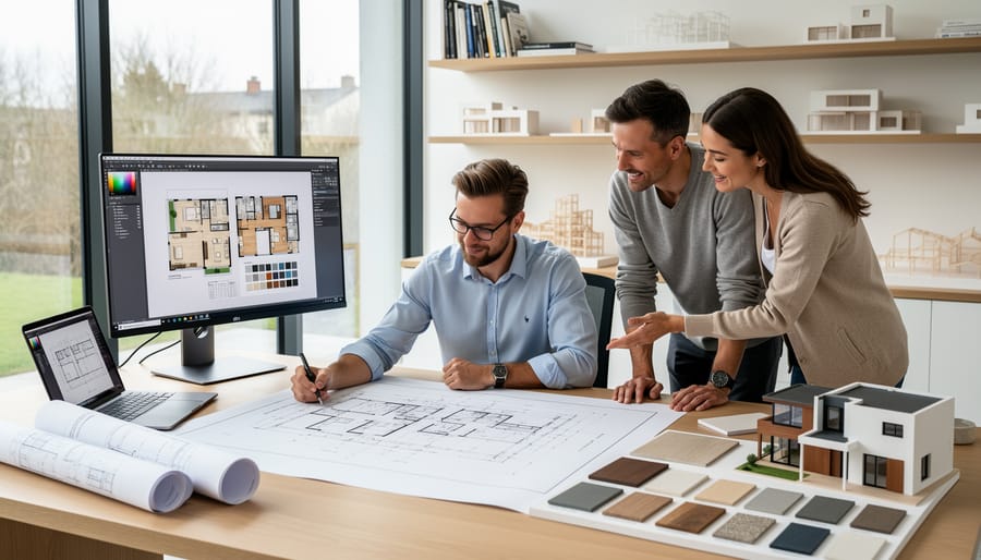 Architect's hands drawing detailed blueprints on drafting table with architectural tools