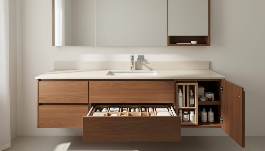 Custom walnut bathroom vanity with organized storage drawers and white quartz countertop