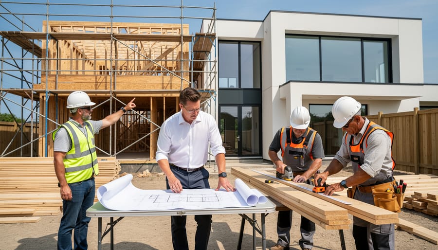 Construction team including manager, architect, and contractors collaborating at residential building site