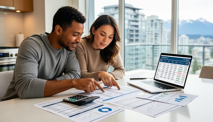 Homebuyers reviewing mortgage documents with a calculator on a kitchen table