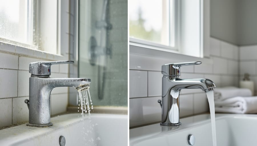 Close-up of bathroom fixtures showing hard water mineral deposits on tile and chrome