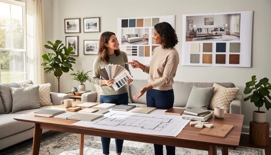 Interior designer consulting with homeowners over fabric swatches and material samples in modern kitchen