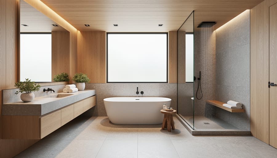 Close-up of natural stone tile and Japanese wood slat panels in bathroom design