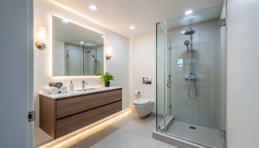 Small bathroom with skylight and mirrors maximizing natural light