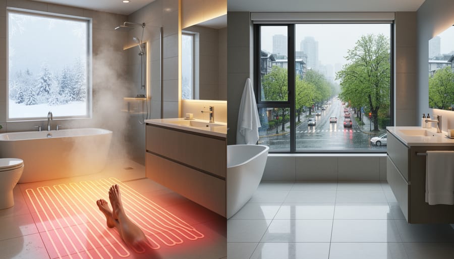 Radiant floor heating installation visible beneath bathroom tiles during renovation