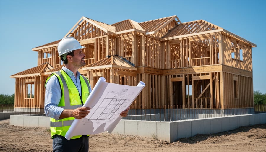 Structural engineer inspecting foundation framework at residential construction site