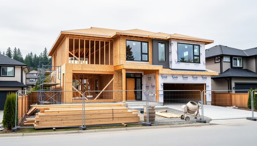 Under-construction custom home exterior in Vancouver with visible framing and large windows