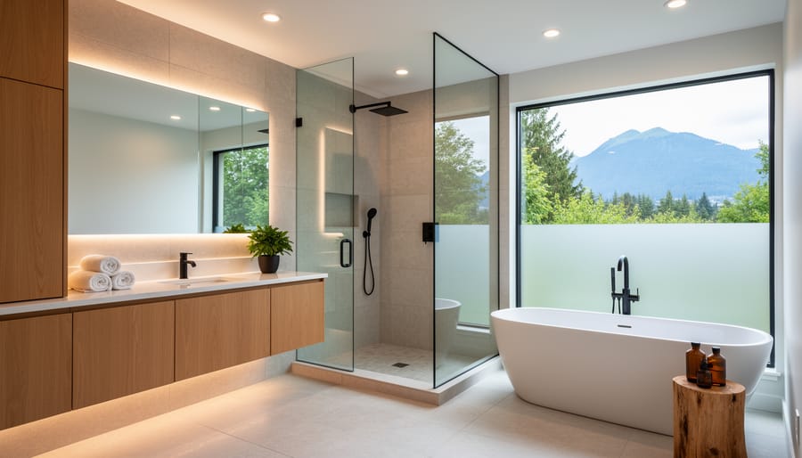 Modern spa-like bathroom with natural wood vanity, vessel sink, and glass-enclosed rainfall shower