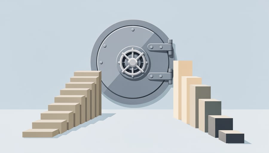 Vault door open with envelopes and a folder representing mortgage stability