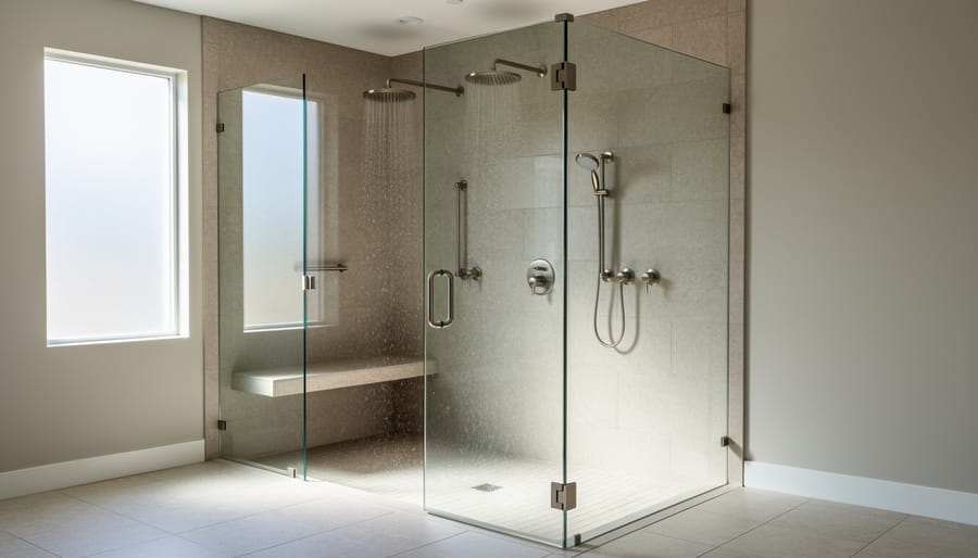 Spacious walk-in shower with frameless glass, rainfall showerhead, and built-in bench seating