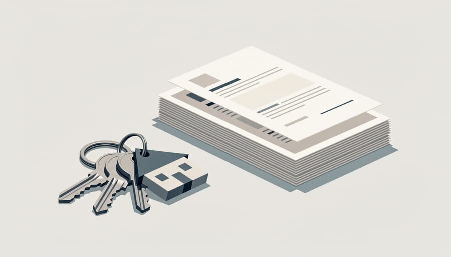 A keyring and household bills on a kitchen countertop in warm natural light.