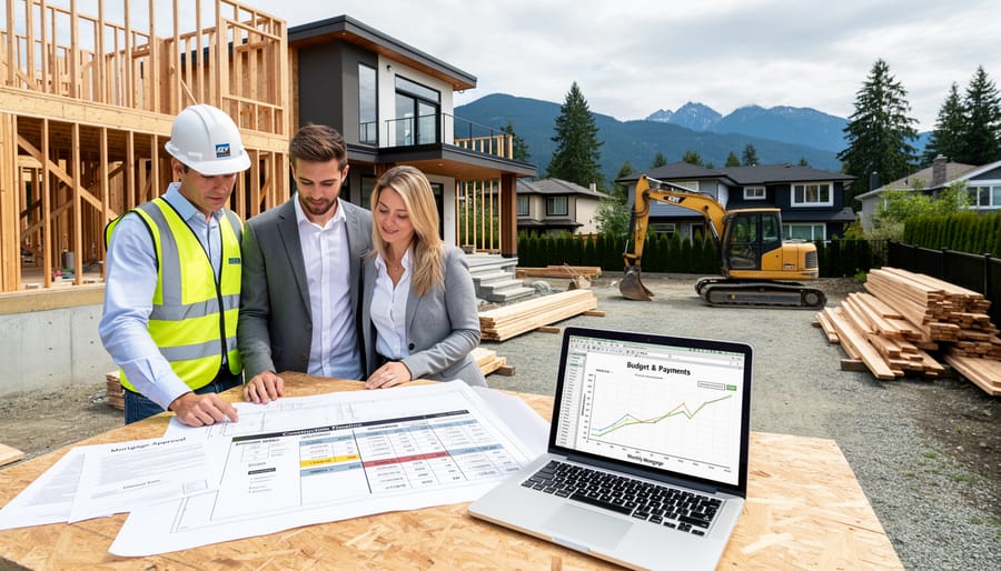 A realtor and couple reviewing plans near a Vancouver custom home under construction with a crane in the distance.