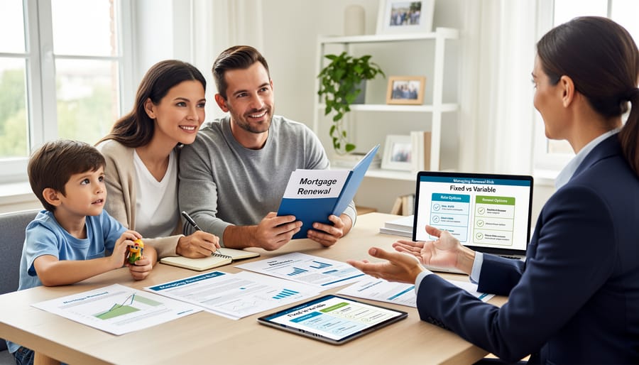 A Vancouver family meeting with a mortgage advisor in an office, with documents and a calculator on the table.