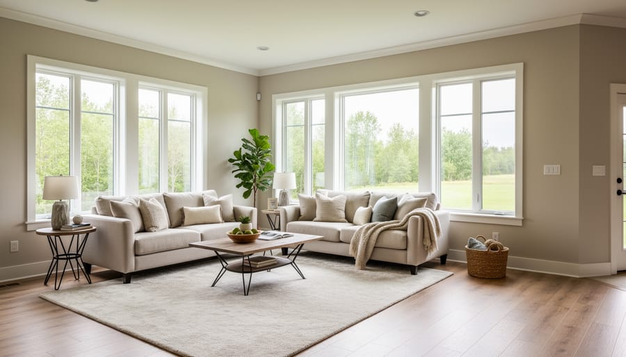 Bright modern living room showcasing finished interior surfaces likely built with insulated concrete forms